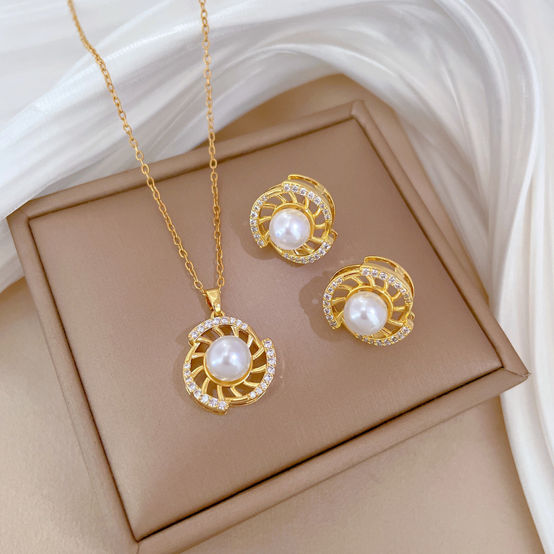 Necklace Earrings Set Light Luxury Rotating Pearl Full Diamond Personality Temperament Banquet Earrings Item Group_voghion.com