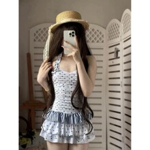 泳衣女ins风连体裙式三角保守遮肉显瘦学生泳装海军风海边泡温泉i