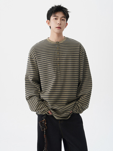 Henry Striped Long-Sleeve T-Shirt for Men, Spring and Autumn Season, American Retro V-Neck Top, Relaxed and Loose Fit Underwear