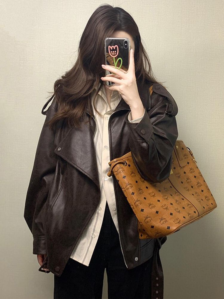 Extra Large Size Women's Retro Motorcycle Leather Jacket for Women, Versatile, Flesh-Covering and Slimming Jacket