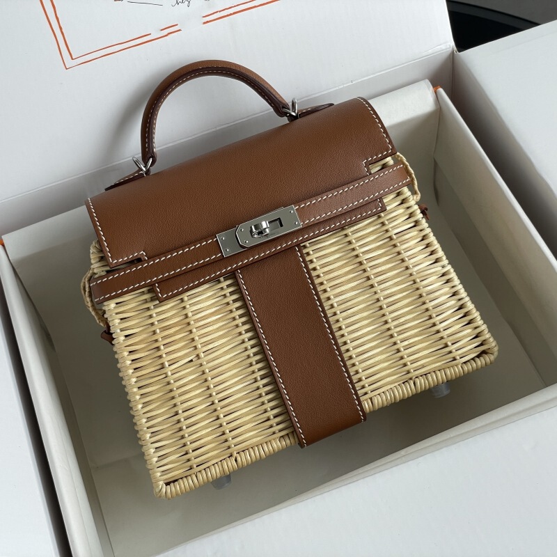 New Picnic Bag Hand-Sewn Wax Thread Single Shoulder Crossbody Handheld 20cm High-End Wicker Kelly Basket Women's Bag