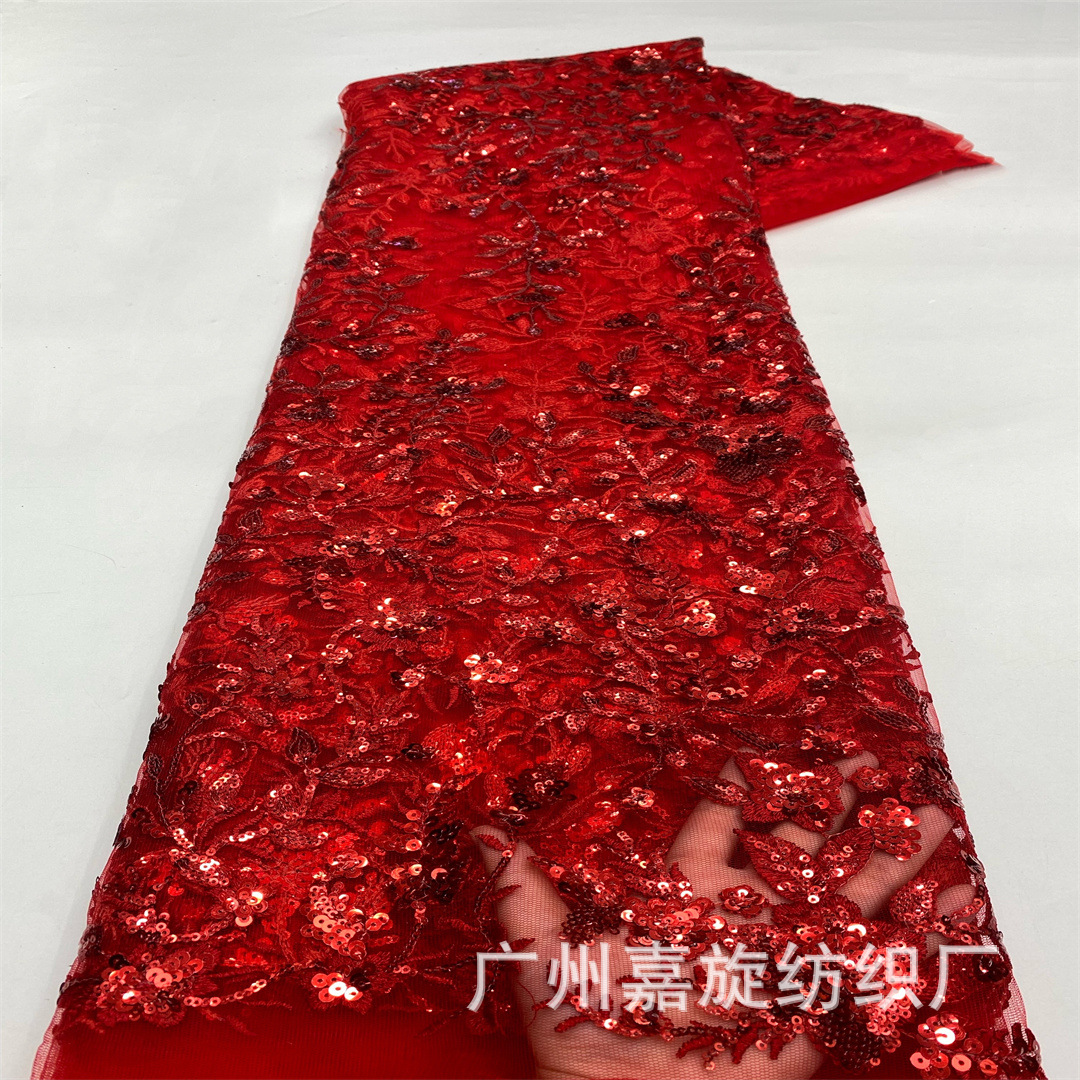 2025 Francia red fantasía sequinilla tela de encaje tulle bordado vestido de boda de mujer nigeriana tela image 9