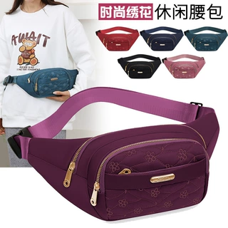 时尚轻奢绣花女士腰包简约轻便休闲单肩斜挎包多隔层通勤帆布胸包