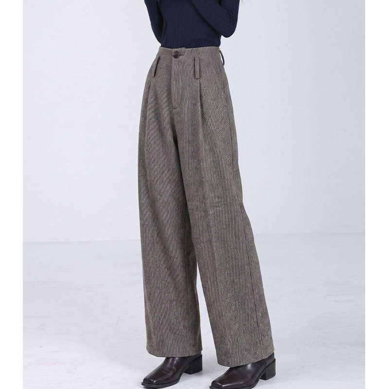 Quần tây nữ ống rộng cạp cao chất liệu len pha polyester, màu trơn, dáng rủ tôn dáng, giữ ấm — Màu ảnh