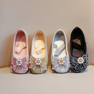 Princess Shoes Girls Spring and Autumn 2024 New Aisha Women's Treasure silver Crystal Shoes Children's Shoes Spring Soft-soled Leather Shoes