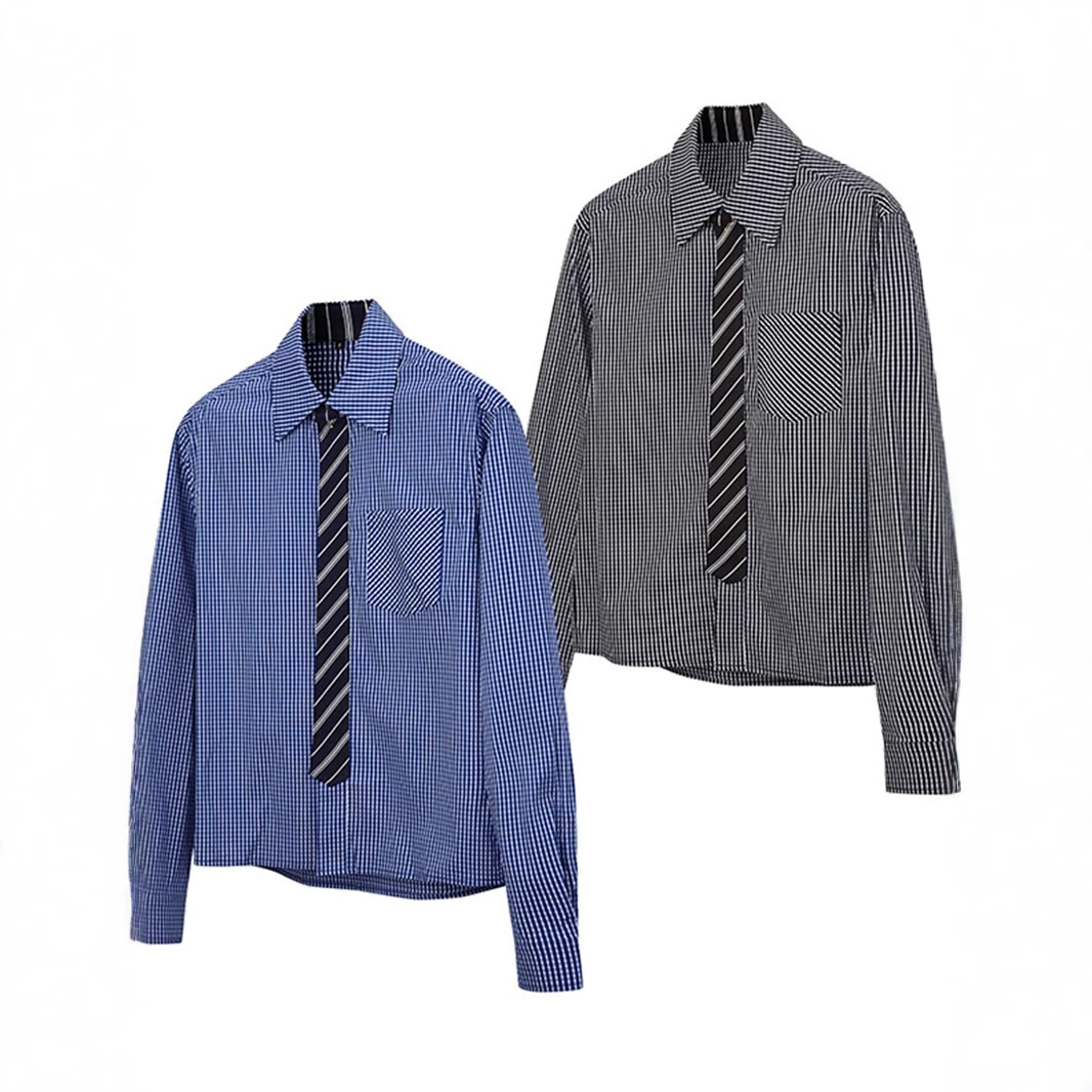 Светло-голубая клетчатая рубашка мужской японский ретро костюм с длинными рукавами рубашка