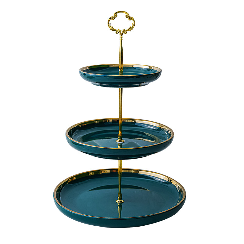 Luz de lujo de cerámica de tres capas Placa de pastel de frutas mesa de café del hogar bandeja de postre de dulces mesa de postre de cumpleaños de la boda creativa