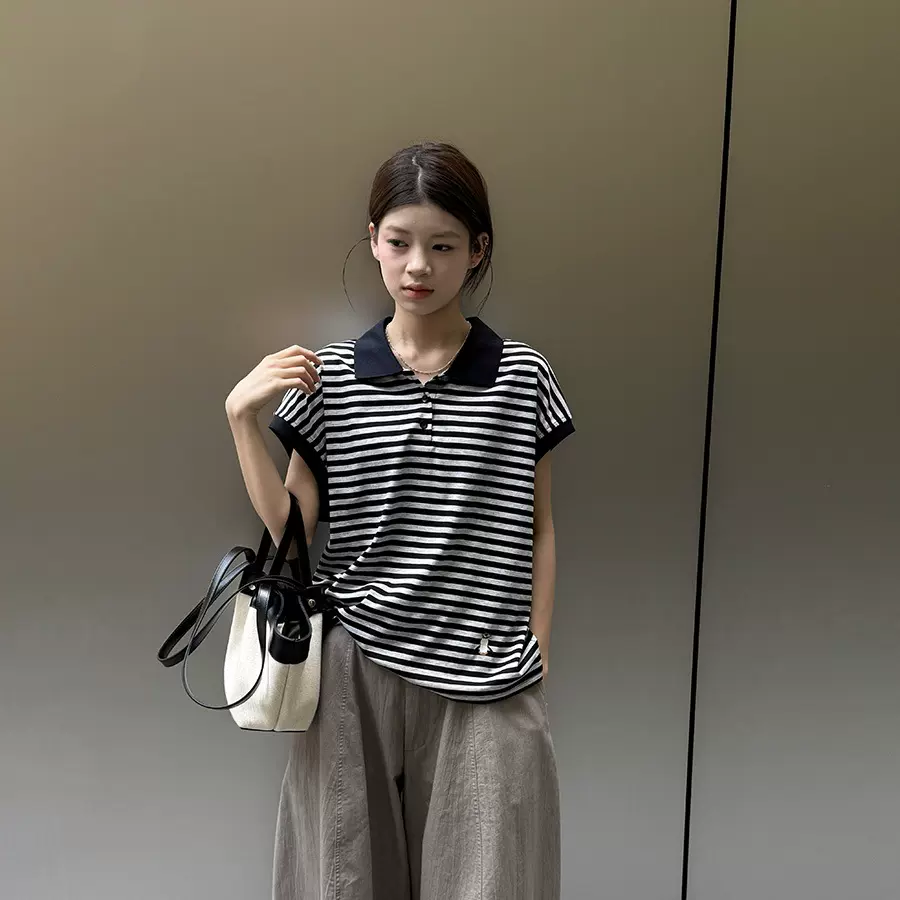 黎诺夏新款韩系条纹t恤女翻领polo衫2025慵懒风宽松显瘦拼色上衣