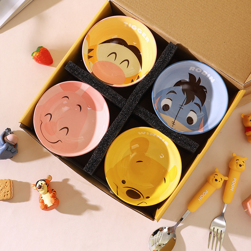 Winnie the Pooh and Friends Rice Bowl Ceramic Tableware Set Home Gift Box Cartoon Children's Small Bowl High-Value Design Winnie the Pooh and Friends Rice Bowl Ceramic Tableware Set Home Gift Box Cartoon Children's Small Bowl High-Value Design