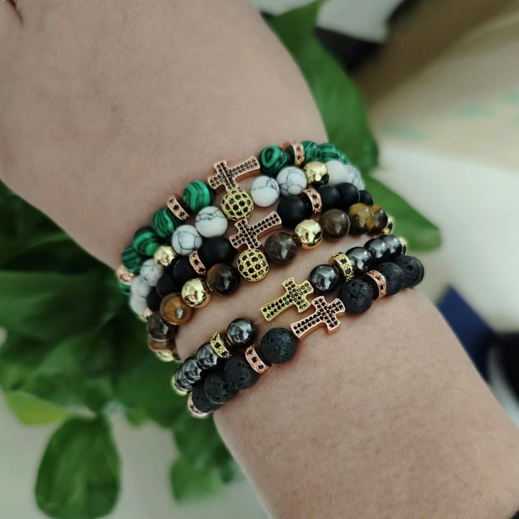 Pulsera de bola de diamante de piedra volcánica de piedra de ojo de tigre Pulsera de cuentas cruzadas con micro incrustaciones de cobre europeo y americano transfronterizo