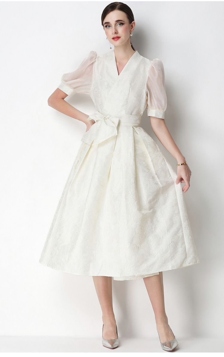 Đầm maxi nữ thắt eo V cổ tay ngắn họa tiết jacquard thanh lịch — màu đen, xanh lam, Màu hồng, màu trắng chi tiết 40
