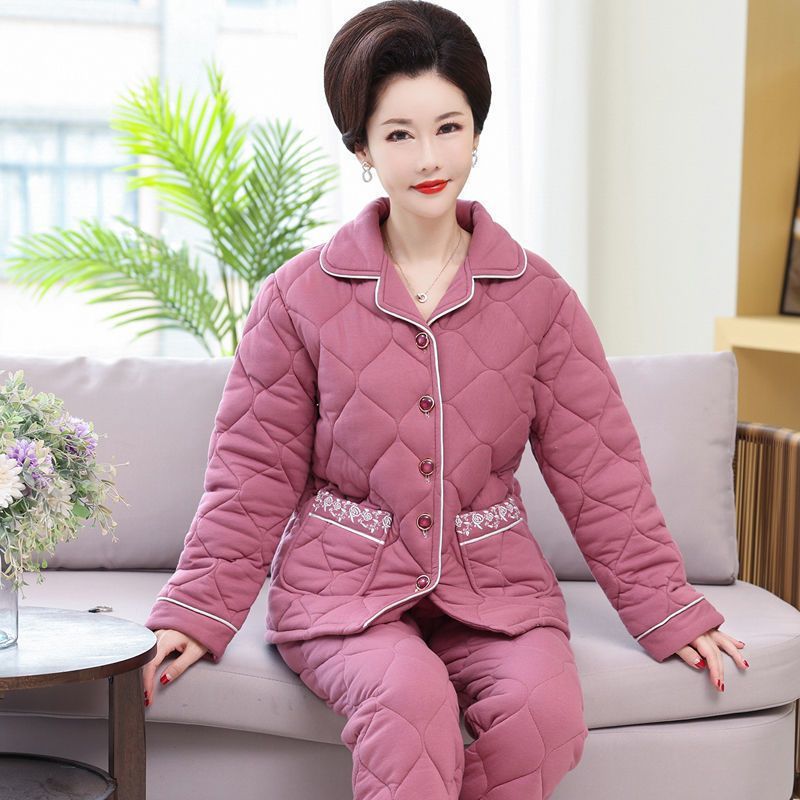 가을과 겨울 중년 어머니 면화 3 층 잠옷 여성의 두꺼운 따뜻한 면화 홈 세트