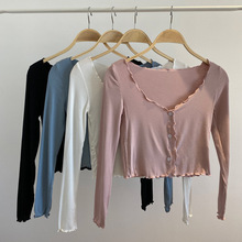 韩版修身弹力木耳边甜美短款上衣小外套开衫