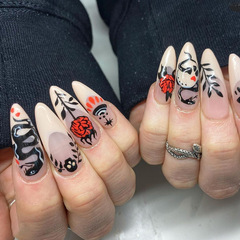 Dark Snake Rose Nail Art Black Almond Nail Sweet Cool Fashion European American Halloween False Nail Complete Nail Sheet