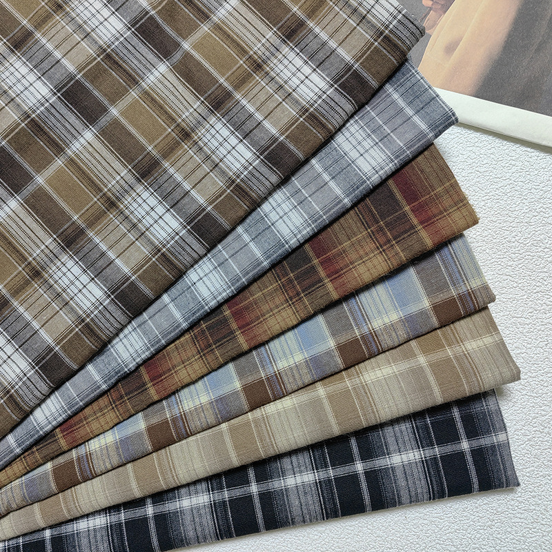 现货春夏全棉格子面料复古薄款连衣裙吊带衫休闲裤衬衫帽子格子布