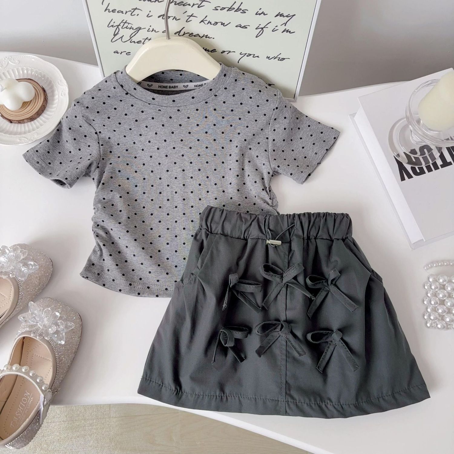 Korean children's clothing 2025 new style girls summer suit children's fashionable short-sleeved top T-shirt bow skirt