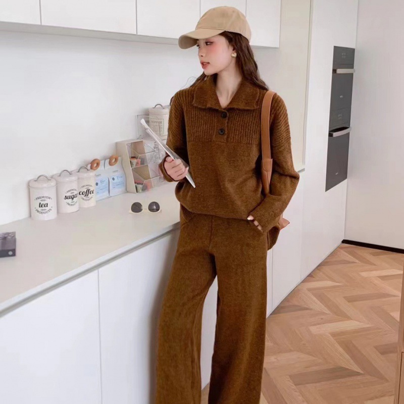 Herbst und Winter neuer Anzug lässiger Pullover Polokragen Strickpullover weite Beinhose zweiteiliges Set für Damen_voghion.com