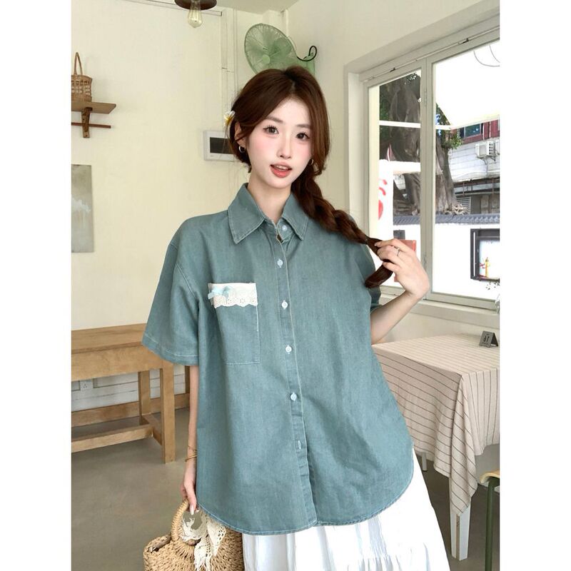 Distressed Retro Blue-Green Denim Short-Sleeved Shirt Women's 2025 Summer New Chic Design Loose Top