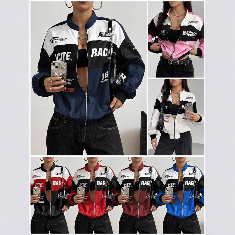 Hot-Selling In-Stock Item - 95063 Cross-Border European and American Foreign Trade Racing Suit Printed Women's Jacket Versatile Casual Women's Outerwear