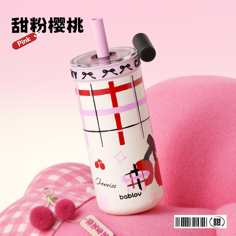 Bablov 二重層断熱ストローカップ女の子のための高価値ウォーターカップかわいいデスクトップコーヒーカップ夏の断熱と保冷|undefined