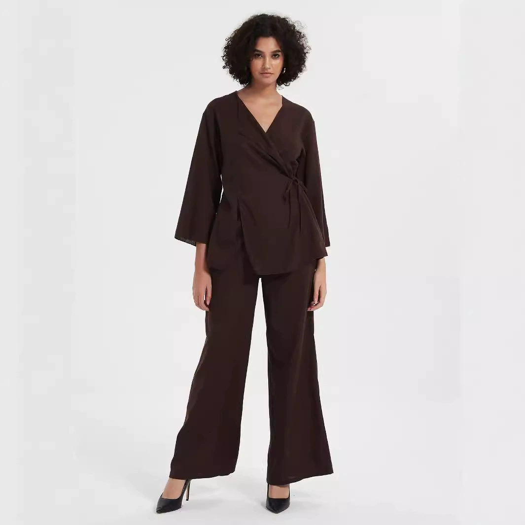 Трансграничная электронной коммерции женская одежда оптом в европейском и американском стиле модный костюм на шнуровке талии с v-вырезом кардиган брюки осень