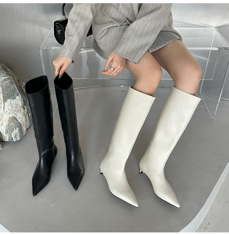2024 Spring and Autumn Season New Versatile Simple Fashion Wide Korean Version Pointed Sleeve High Boots Soft Leather_voghion.com