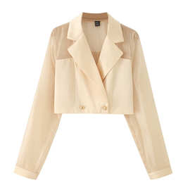 欧美批发2025秋季新款女装根纱拼接缎面双排扣短款西装C9-10663