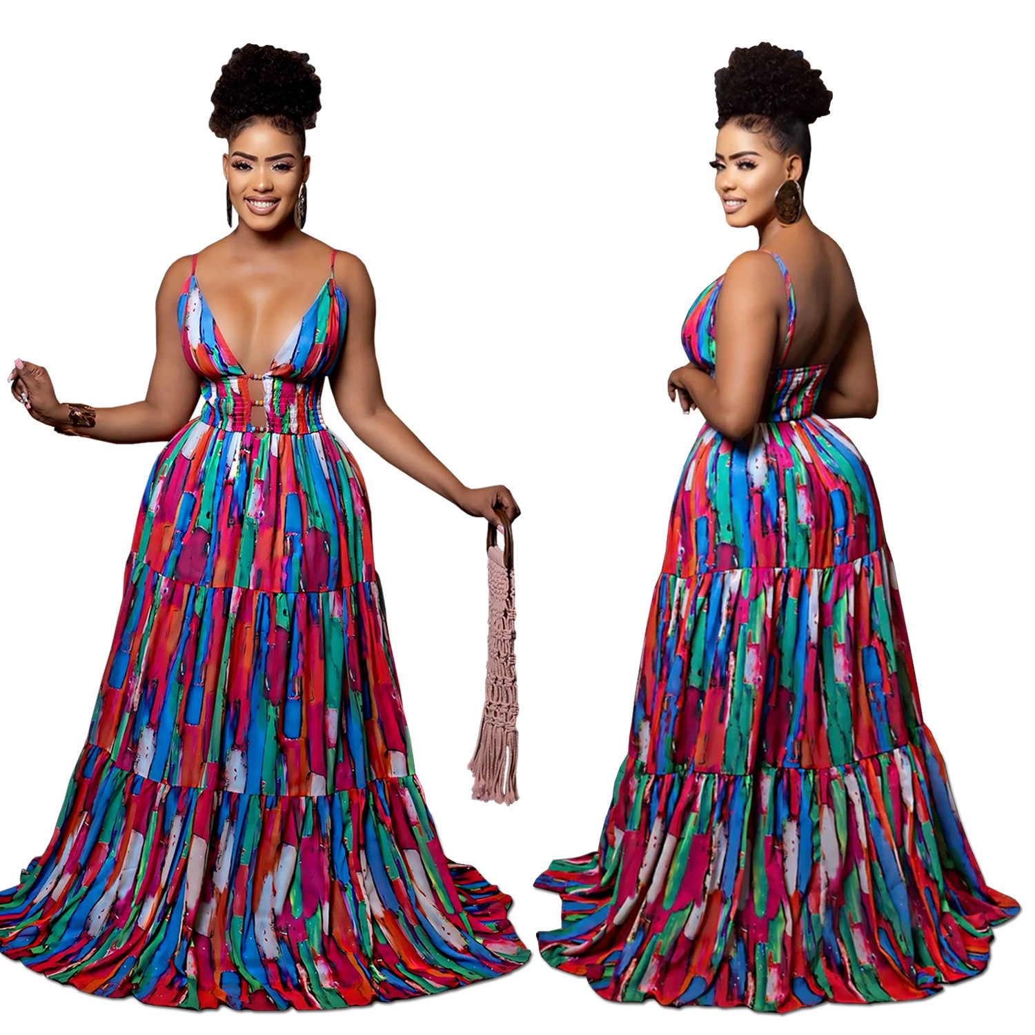 C7377 Cross-border AliExpress Amazon Vestido de color estampado sin espalda con tirantes sexy para mujer de moda europea y americana image 6