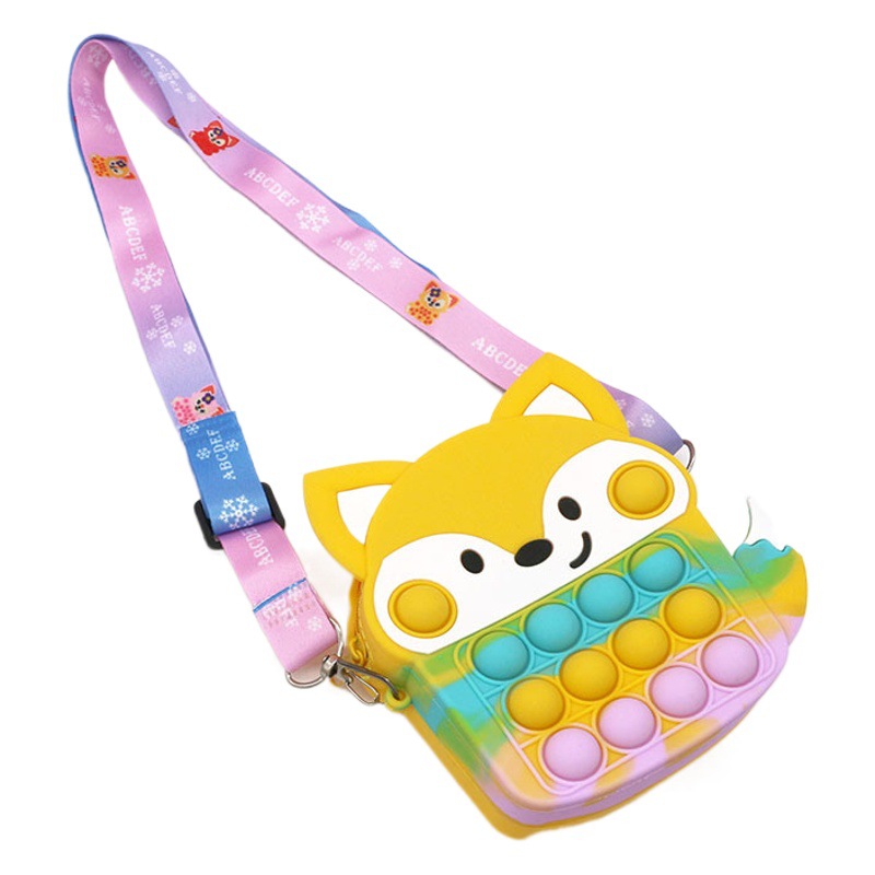 Bolso bandolera infantil de silicona con diseño de zorro, novedad 2025, disponible en stock, con monedero de burbujas de doble cara y cartera de silicona.