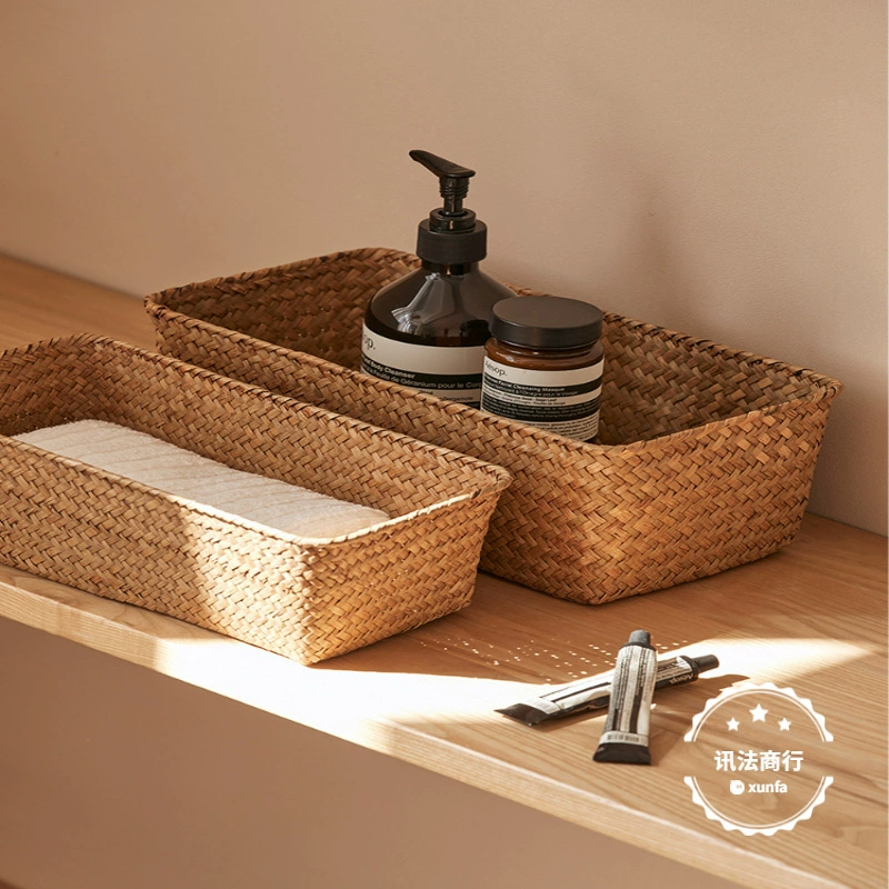 Корзина для хранения из морской травы, корзина для хранения из соломы из ротанга, бамбуковая корзина, прямоугольная тканая корзина для хранения настольных мелочей