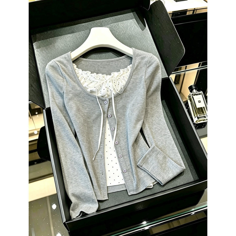 Pure Desire Style Polka Dot Tie-Front Faux Two-Piece Long Sleeve T-Shirt for Women, Autumn 2026 New Korean Sweet Top