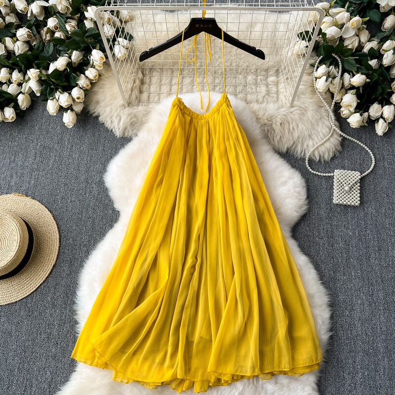 Foreign Trade French Niche Dress for Women to Wear in Summer, Seaside Vacation Style, Sleeveless Halterneck, Backless Chiffon Fairy