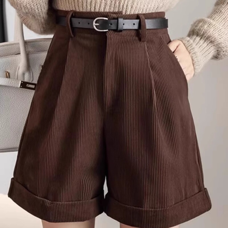 Corduroy Shorts Women's 2025 Autumn and Winter Maillard Wear Wide Leg Pants Small Fragrance Korean Style Loose A-Line Boot Pants
