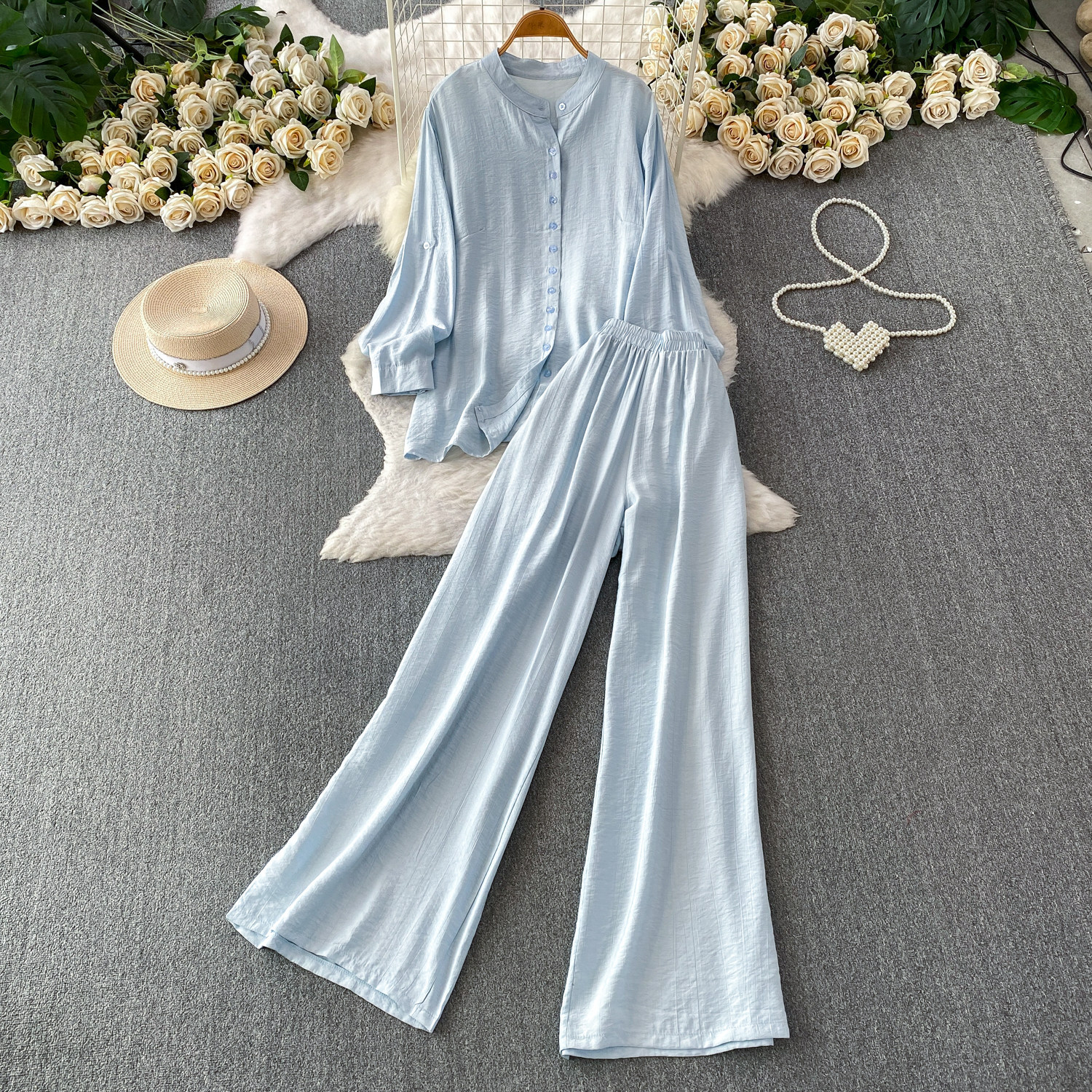 Mambo Mint Green Women's Clothing Set Refreshing Skin Friendly Breathable Loose Fitting Long Sleeved Shirt Jacket with High Waisted Wide Leg Pants_ecoleips.com