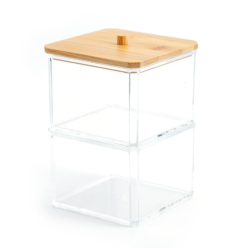 Caja de almacenamiento de hisopo de algodón acrílico Caja de almacenamiento de cristal de algodón cosmético de estilo europeo cubierta de madera transparente caja de organización de hisopo de algodón de escritorio