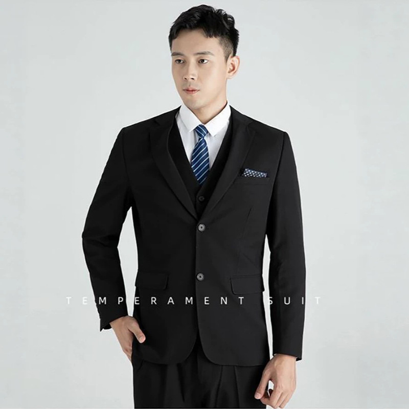 Men's suit set with a high-end feel, suitable for all seasons, with a notched lapel, business professional attire, wedding-quality black formal suit Men's suit set with a high-end feel, suitable for all seasons, with a notched lapel, business professional attire, wedding-quality black formal suit
