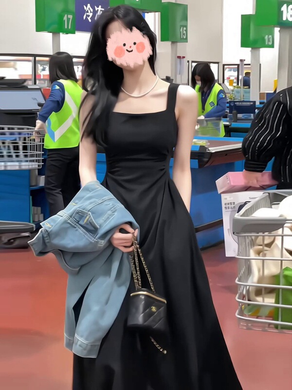 黑色吊带连衣裙子女春秋2025新款大码胖mm显瘦法式茶歇收腰长裙潮|undefined