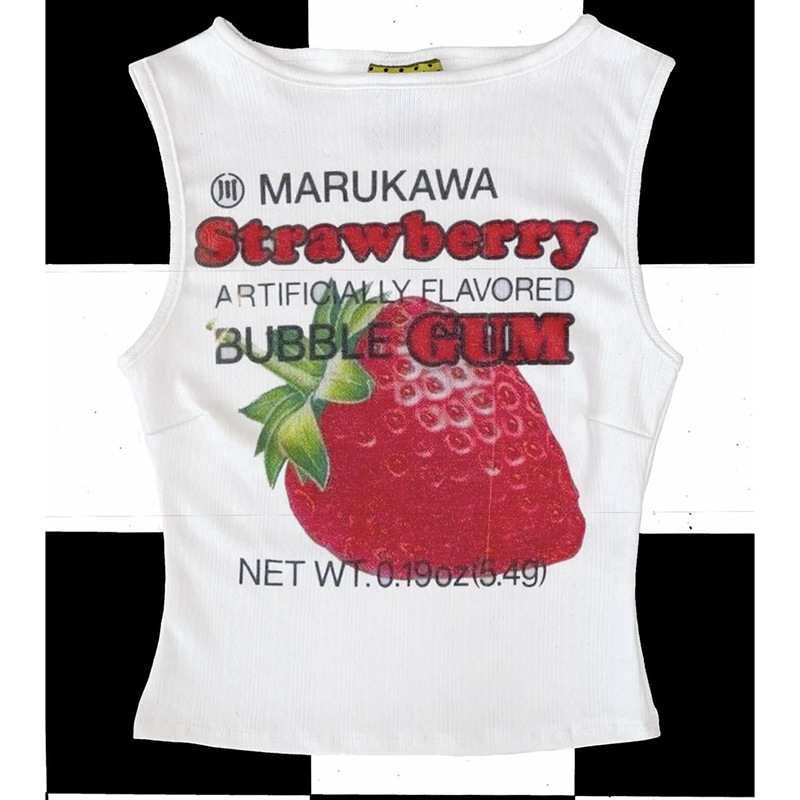 Summer European and American Retro American-Style Women's White Crop Top with Strawberry Print, Slim Fit, Sleeveless T-Shirt Tank Top