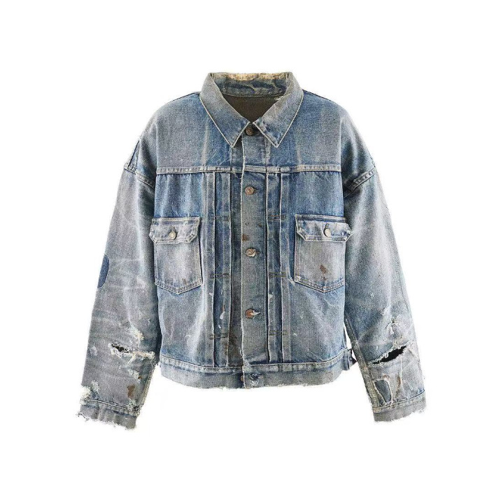 Niche Washed American High Street Distressed Vintage Ripped Denim Jacket For Men And Women With Graffiti Design, Trendy_voghion.com