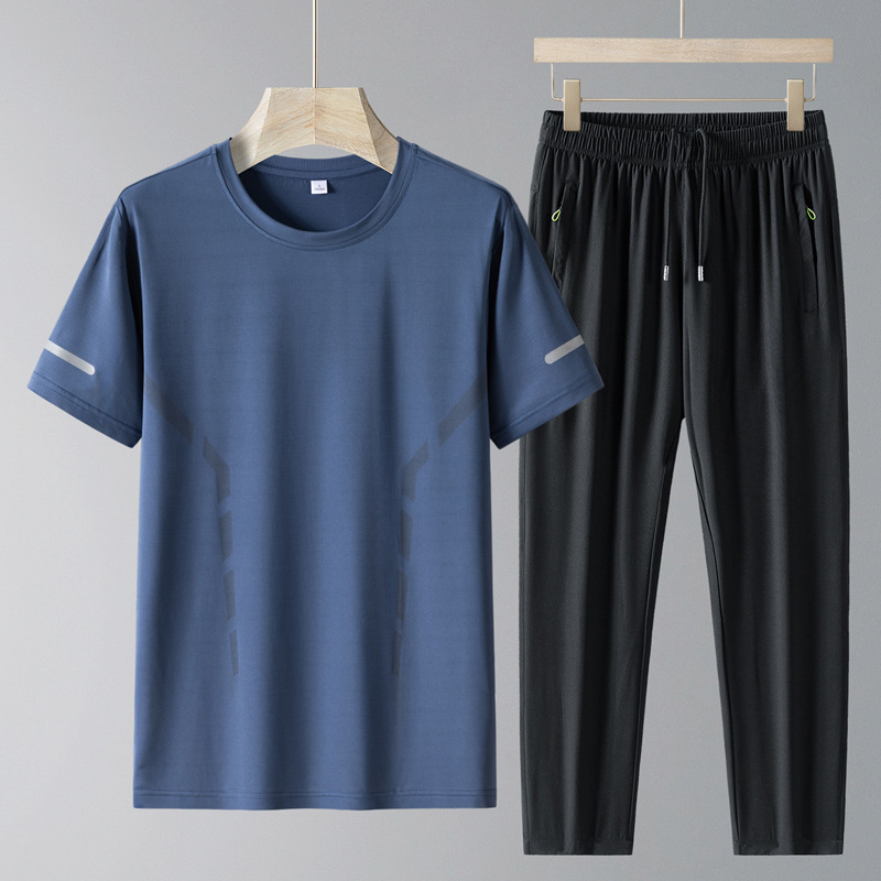 Traje de verano para papá Traje deportivo de ocio Camiseta de seda de hielo para hombre de manga corta delgada para hombre Pantalones de dos piezas de mediana edad y ancianos