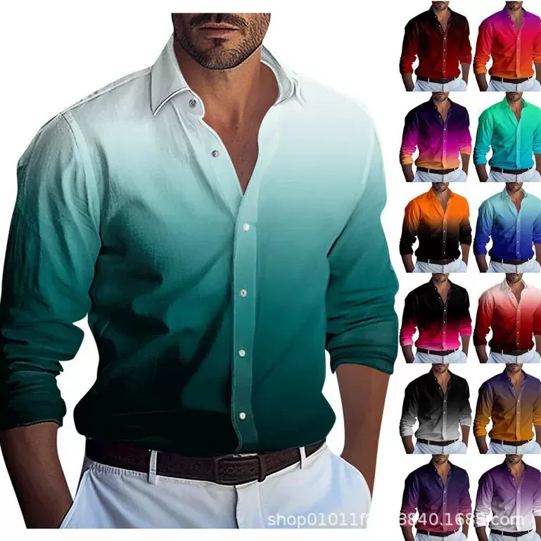 跨境外贸2025新款男士3D渐变印花款式长袖衬衫亚马逊速卖通男衬衣