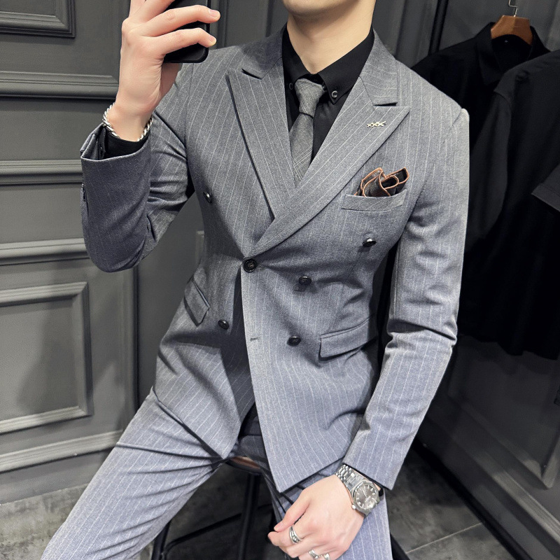 Business plus size Striped Casual Suit Professional Formal Dress Korean Style Wedding Suit suit Men's Groom Dress Three-Piece Set