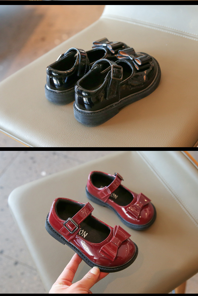 Chaussures de princesse en cuir brillant avec nœud Sho pour enfants, nouveau Style coréen, chaussures de Performance à semelle souple à la mode pour petites filles, printemps et automne 2024_voghion.com