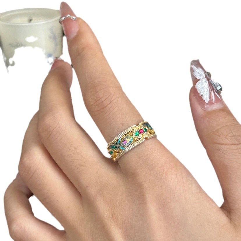 2024 여성을위한 고대 방법 번트 블루 반지 새로운 중국 스타일 국가 스타일 에나멜 컬러 피닉스 깃털 클래식 틈새 오픈 검지 반지