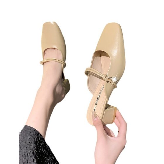 Slippers for Women's Summer Outer Wear Wholesale Thick Heel Toe Half Slippers Fashionable Retro with Skirt White Non-Slip Sandals