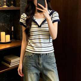 针织设计感条纹连帽短袖T恤女夏季新款时尚百搭上衣小众别致小衫