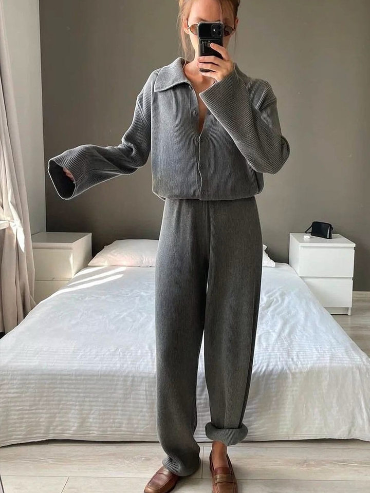 Bộ đồ dệt kim nữ dài tay cổ lật phong cách thanh lịch — Màu kaki, Màu mơ, Màu xám, Màu đen chi tiết 57