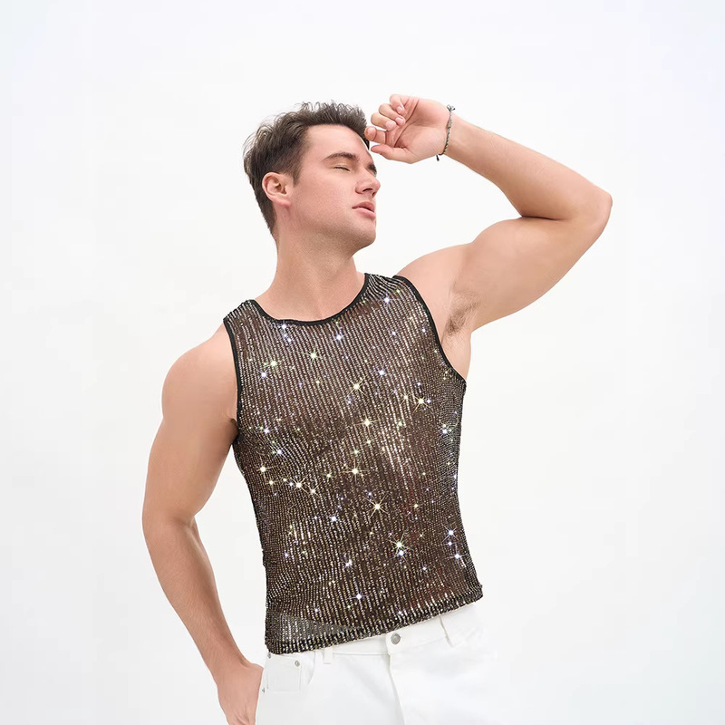 Amazon European and American Men's Party Vest Mesh Sequin Sleeveless Nightclub Top Sequin Music Festival Personalized Clothing Amazon European and American Men's Party Vest Mesh Sequin Sleeveless Nightclub Top Sequin Music Festival Personalized Clothing