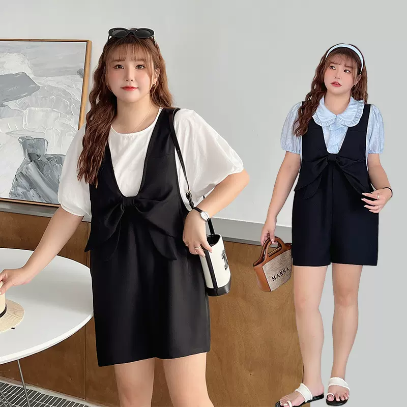 立体蝴蝶结减龄宽松背带裤批发 润其N8648大码女装胖mm连体短裤