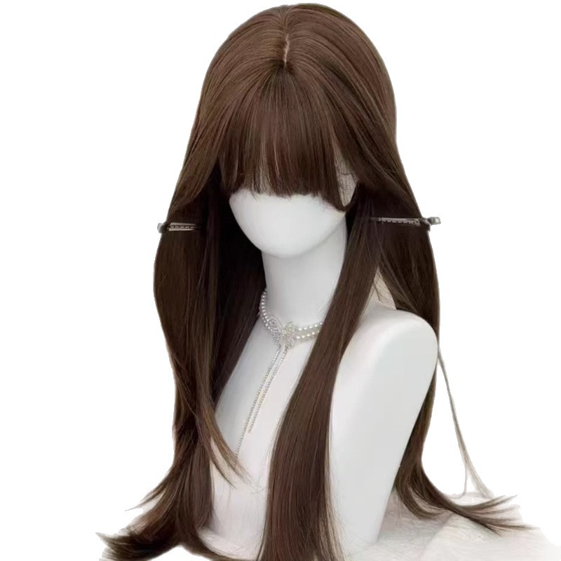 【Small Face Tea Brown】Koni Damenperücke in kühlem Braun, lange glatte Haare mit Pony, Vollkopfperücke empfohlen